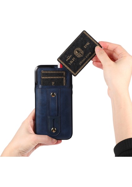 Iphone 12 Mini 5.4 Inçlik Kasa Gizli Kart Tutucu Şok Geçirmez Pu Deri Kaplamalı Tpu Telefon Kapak Mavisi (Yurt Dışından)