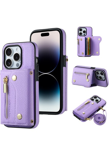 Iphone 14 Pro Max Telefon Kılıf Kart Yuvaları Kickstand Crossbody Cover-Spurple (Yurt Dışından)