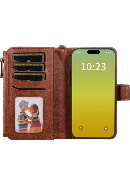 Iphone 15 Vaka Cüzdanı Için Deri Telefon Kapağı Stand Fermuarlı Telefon Kabuk-Kahverengi (Yurt Dışından) modelleri