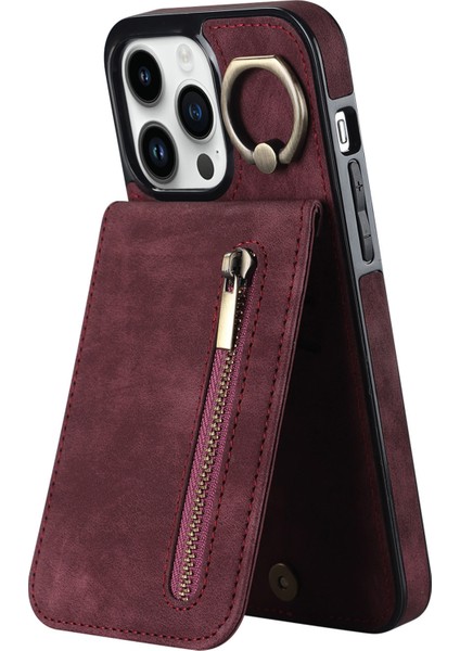 Iphone 13 Pro Cep Telefonu Kılıfı Için Ring Standstand Rfıd Engelleme Pu+Tpu Cover-Wine Kırmızı (Yurt Dışından)