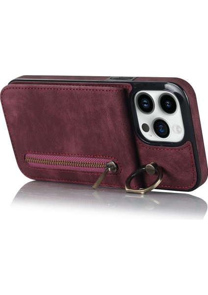 Iphone 13 Pro Cep Telefonu Kılıfı Için Ring Standstand Rfıd Engelleme Pu+Tpu Cover-Wine Kırmızı (Yurt Dışından)