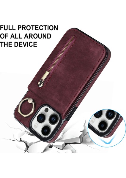 Iphone 13 Pro Cep Telefonu Kılıfı Için Ring Standstand Rfıd Engelleme Pu+Tpu Cover-Wine Kırmızı (Yurt Dışından)