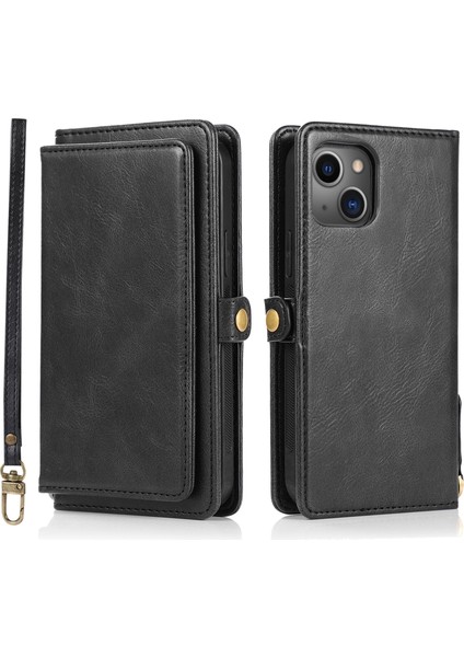 Iphone 13 Mini 5.4 Inç Cüzdan Telefon Kılıfı Çıkarılabilir 2-1 Arada Tpu+Pu Deri Deri Kapak Kayış-Black (Yurt Dışından)