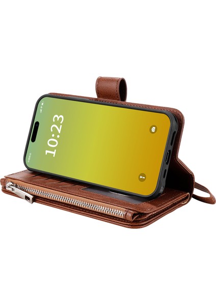 Iphone 15 Vaka Cüzdanı Için Deri Telefon Kapağı Stand Fermuarlı Telefon Kabuk-Kahverengi (Yurt Dışından) fırsatları