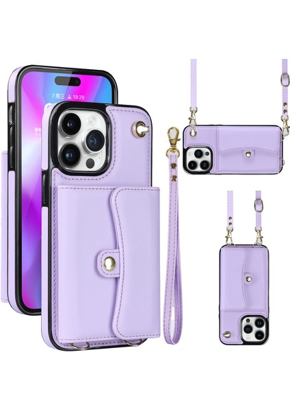 Iphone 15 Pro Kart Yuvaları Için Telefon Kabuğu Kısa+Uzun Kayışlar-Doğum ile Kickstand Kapak Anti-Sracratch Pu Derisi Anti (Yurt Dışından)