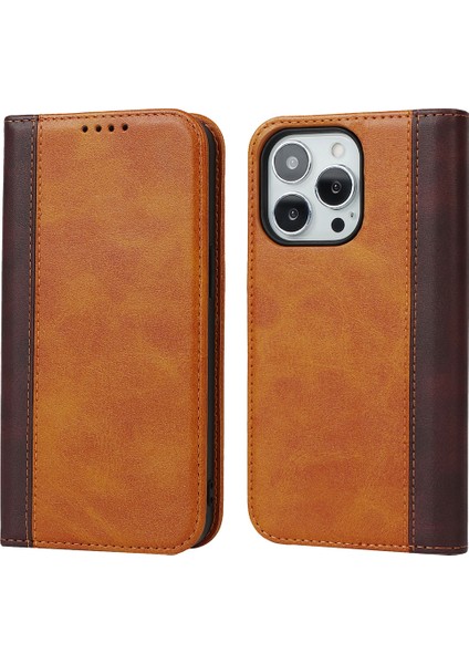 Iphone 15 Pro Bi-Renkli Ekleme Pu Deri Telefon Kılıf Desteği Stand Cüzdan Cover-Sarı+Kahverengi (Yurt Dışından)