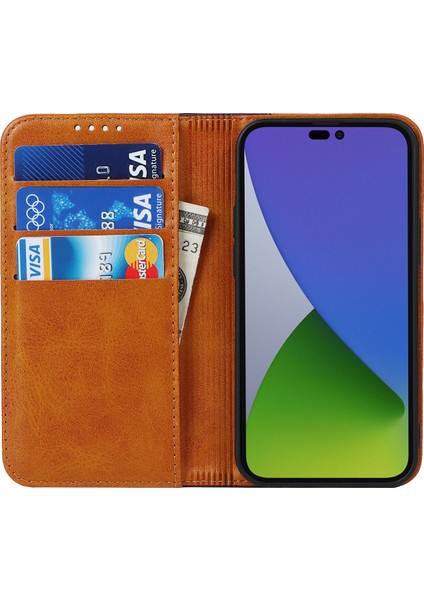 Iphone 15 Pro Bi-Renkli Ekleme Pu Deri Telefon Kılıf Desteği Stand Cüzdan Cover-Sarı+Kahverengi (Yurt Dışından)