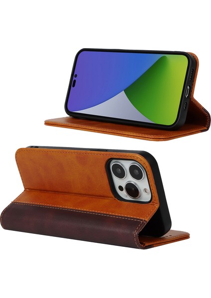Iphone 15 Pro Bi-Renkli Ekleme Pu Deri Telefon Kılıf Desteği Stand Cüzdan Cover-Sarı+Kahverengi (Yurt Dışından)