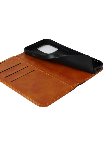 Iphone 15 Pro Bi-Renkli Ekleme Pu Deri Telefon Kılıf Desteği Stand Cüzdan Cover-Sarı+Kahverengi (Yurt Dışından)