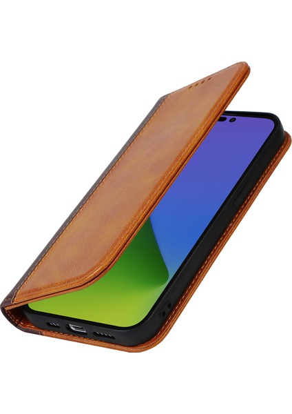 Iphone 15 Pro Bi-Renkli Ekleme Pu Deri Telefon Kılıf Desteği Stand Cüzdan Cover-Sarı+Kahverengi (Yurt Dışından)