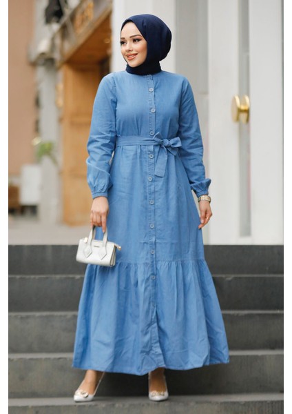 Kemerli Mavi Tesettür Kot Elbise 19107M