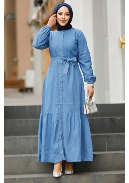 Kemerli Mavi Tesettür Kot Elbise 19107M fiyatları
