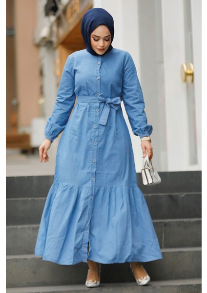 Kemerli Mavi Tesettür Kot Elbise 19107M modelleri
