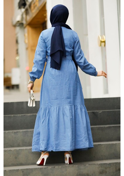Kemerli Mavi Tesettür Kot Elbise 19107M fırsatları