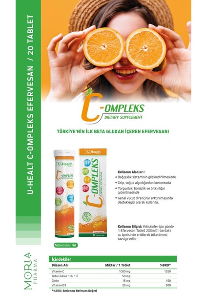 C-Ompleks Vitamin C, Beta Glukan, Çinko ve Vitamin D3, 20 Efervesan Tablet Portakal Aromalı