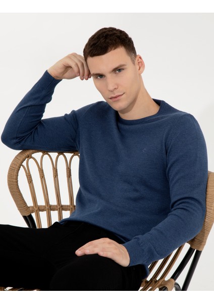 Erkek İndigo Melanj Slim Fit Bisiklet Yaka Basic Triko Kazak 50257290-VR155 modelleri