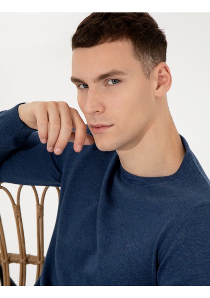 Erkek İndigo Melanj Slim Fit Bisiklet Yaka Basic Triko Kazak 50257290-VR155 indirimleri