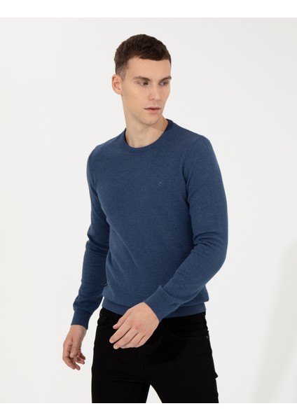 Erkek İndigo Melanj Slim Fit Bisiklet Yaka Basic Triko Kazak 50257290-VR155