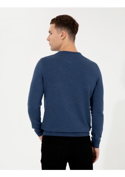 Erkek İndigo Melanj Slim Fit Bisiklet Yaka Basic Triko Kazak 50257290-VR155 fiyatları