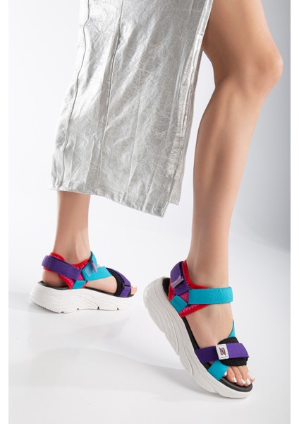 Kadın Dolgu Topuk Cırtlı Günlük Spor Sandalet SS001-0178 Mavi Mor