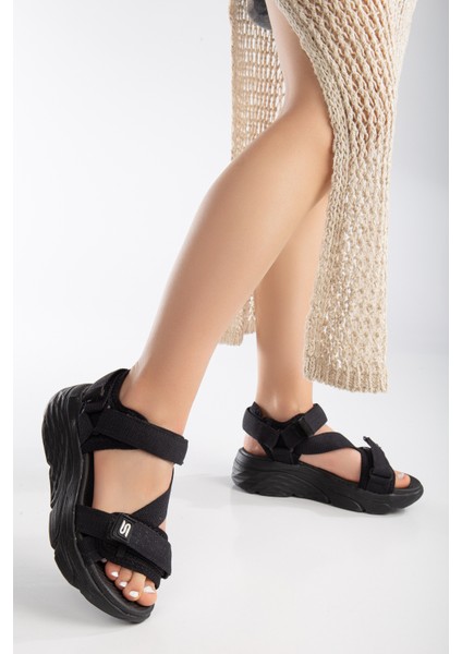 Kadın Dolgu Topuk Cırtlı Günlük Spor Sandalet SS001-0178 Siyah