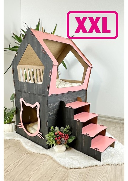 Ahşap Büyük Kedi Evi Xxl Açık Teraslı Model 5 kg Üstü Kediler Için Pembe - Siyah Renk fiyatları