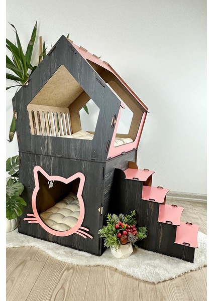 Ahşap Büyük Kedi Evi Xxl Açık Teraslı Model 5 kg Üstü Kediler Için Pembe - Siyah Renk modelleri
