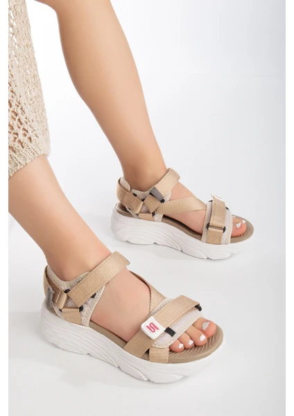 Sandal Spor Kadın Dolgu Topuk Cırtlı Günlük Spor Sandalet SS001-0178 Bej