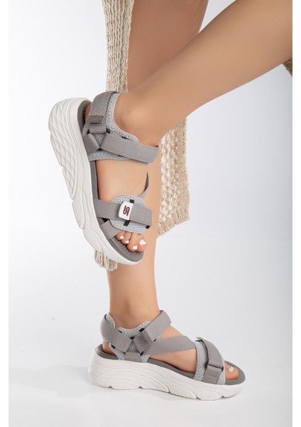 Kadın Dolgu Topuk Cırtlı Günlük Spor Sandalet SS001-0178 Gri