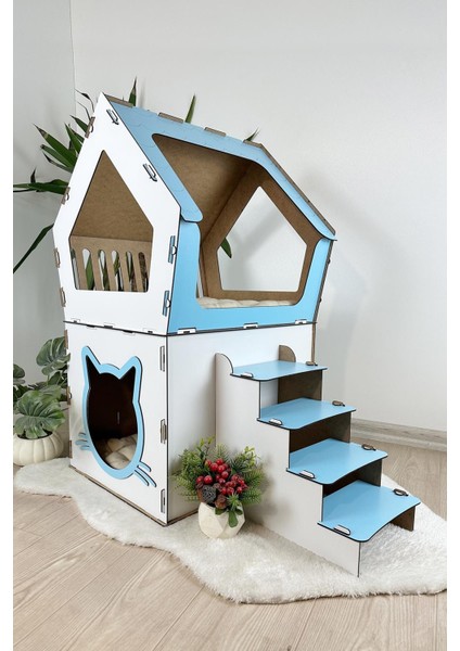 Ahşap Büyük Kedi Evi Xxl Açık Teraslı Model 5 kg Üstü Kediler Için Mavi - Beyaz Renk