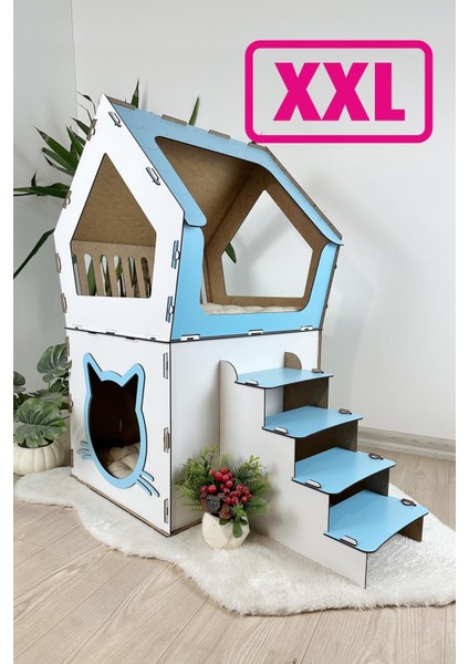 Ahşap Büyük Kedi Evi Xxl Açık Teraslı Model 5 kg Üstü Kediler Için Mavi - Beyaz Renk fiyatları