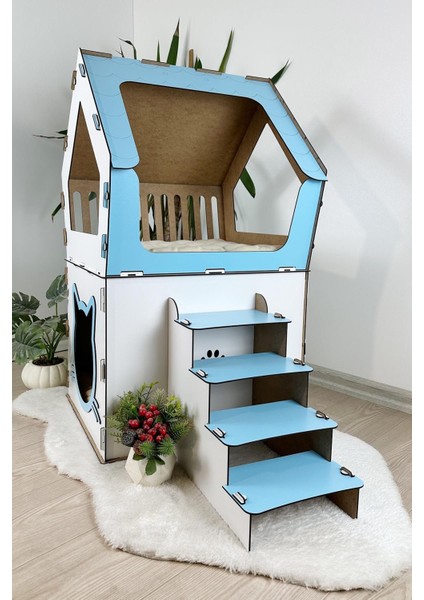 Ahşap Büyük Kedi Evi Xxl Açık Teraslı Model 5 kg Üstü Kediler Için Mavi - Beyaz Renk modelleri