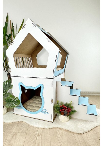 Ahşap Büyük Kedi Evi Xxl Açık Teraslı Model 5 kg Üstü Kediler Için Mavi - Beyaz Renk fırsatları