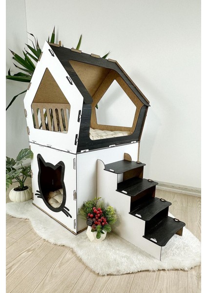 Ahşap Büyük Kedi Evi Xxl Açık Teraslı Model 5 kg Üstü Kediler Için Beyaz- Siyah Renk