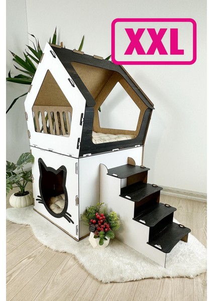Ahşap Büyük Kedi Evi Xxl Açık Teraslı Model 5 kg Üstü Kediler Için Beyaz- Siyah Renk fiyatları