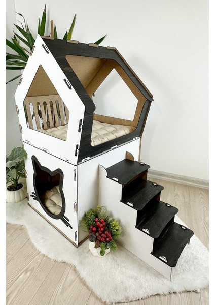 Ahşap Büyük Kedi Evi Xxl Açık Teraslı Model 5 kg Üstü Kediler Için Beyaz- Siyah Renk modelleri