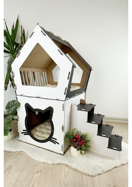 Ahşap Büyük Kedi Evi Xxl Açık Teraslı Model 5 kg Üstü Kediler Için Beyaz- Siyah Renk fırsatları