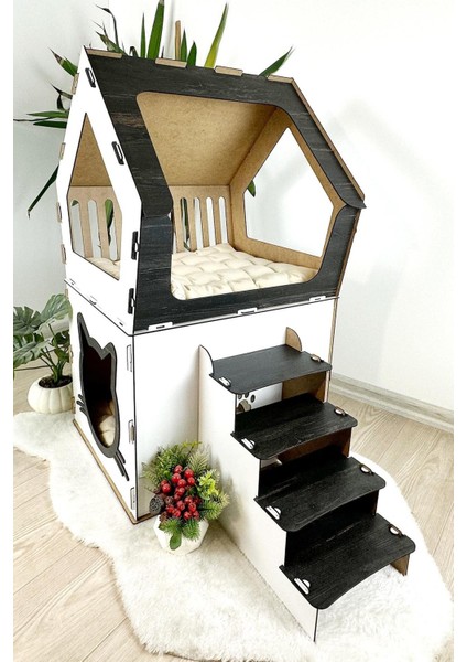 Ahşap Büyük Kedi Evi Xxl Açık Teraslı Model 5 kg Üstü Kediler Için Beyaz- Siyah Renk indirimleri