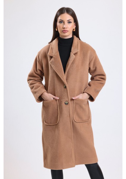 Kadın Astarlı Düğmeli Cep Detaylı Kahverengi Uzun Kruvaze Yaka Kalın Kaşmir Kaban fırsatları