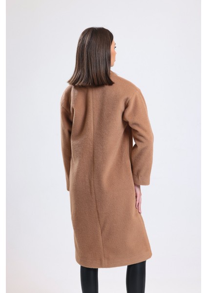Kadın Astarlı Düğmeli Cep Detaylı Kahverengi Uzun Kruvaze Yaka Kalın Kaşmir Kaban indirimleri