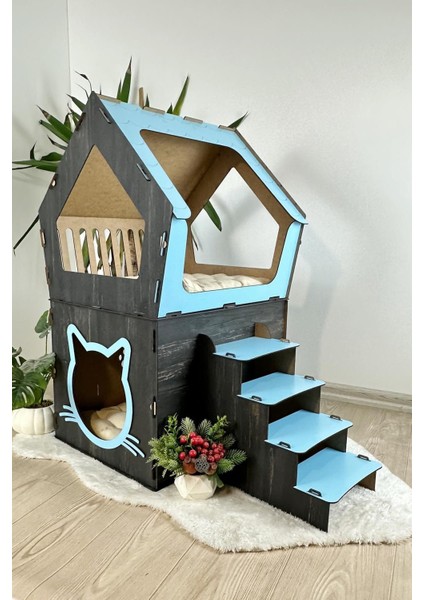 Ahşap Büyük Kedi Evi Xxl Açık Teraslı Model 5 kg Üstü Kediler Için Mavi - Siyah Renk