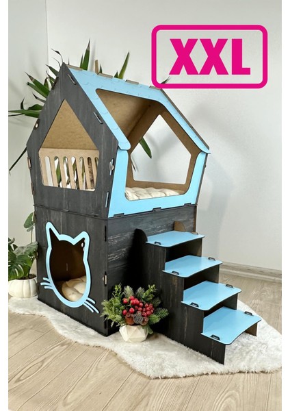 Ahşap Büyük Kedi Evi Xxl Açık Teraslı Model 5 kg Üstü Kediler Için Mavi - Siyah Renk fiyatları