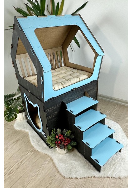 Ahşap Büyük Kedi Evi Xxl Açık Teraslı Model 5 kg Üstü Kediler Için Mavi - Siyah Renk fırsatları