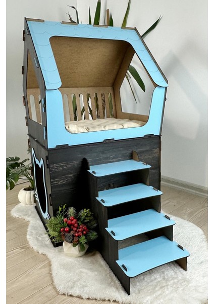 Ahşap Büyük Kedi Evi Xxl Açık Teraslı Model 5 kg Üstü Kediler Için Mavi - Siyah Renk indirimleri