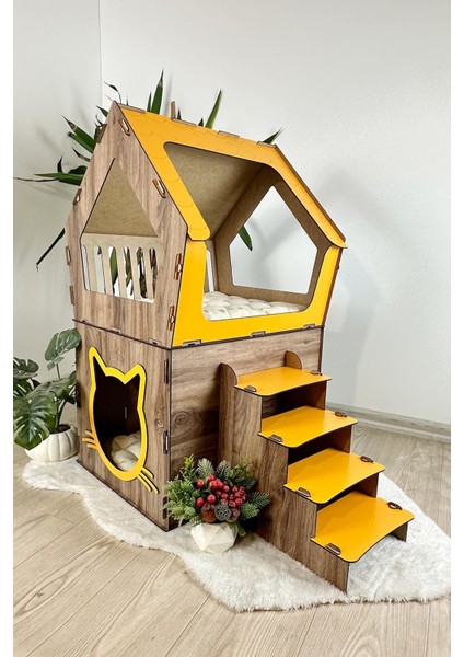 Ahşap Büyük Kedi Evi Xxl Açık Teraslı Model 5 kg Üstü Kediler Için Sarı -Kahverengi Renk