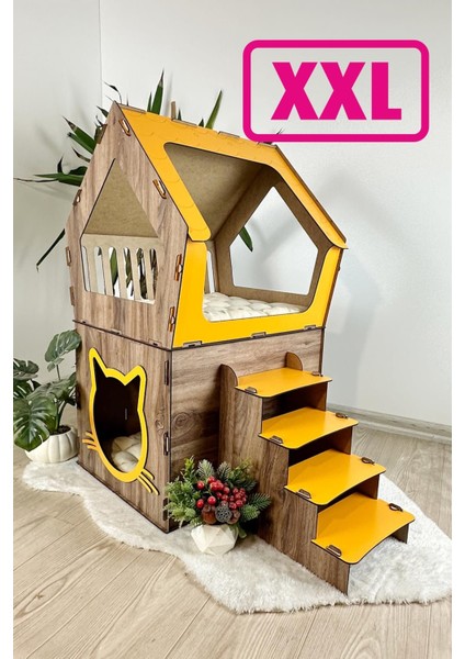 Ahşap Büyük Kedi Evi Xxl Açık Teraslı Model 5 kg Üstü Kediler Için Sarı -Kahverengi Renk fiyatları