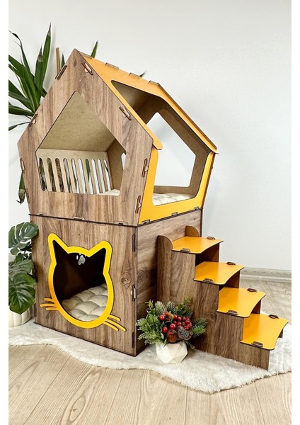 Ahşap Büyük Kedi Evi Xxl Açık Teraslı Model 5 kg Üstü Kediler Için Sarı -Kahverengi Renk modelleri