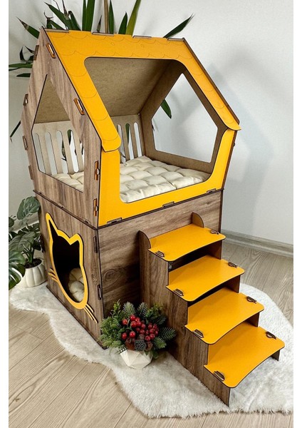 Ahşap Büyük Kedi Evi Xxl Açık Teraslı Model 5 kg Üstü Kediler Için Sarı -Kahverengi Renk fırsatları