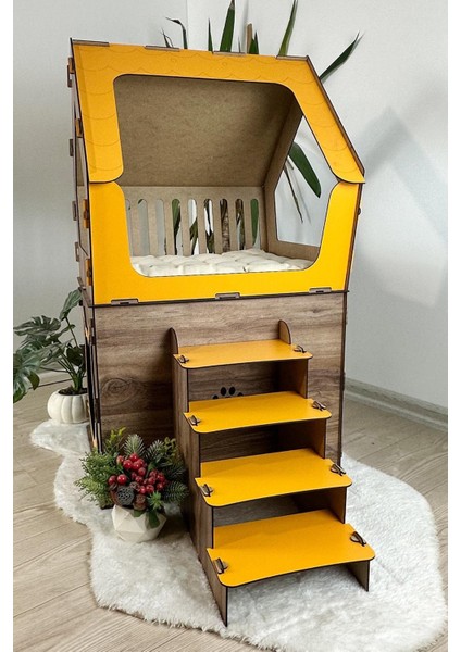 Ahşap Büyük Kedi Evi Xxl Açık Teraslı Model 5 kg Üstü Kediler Için Sarı -Kahverengi Renk indirimleri