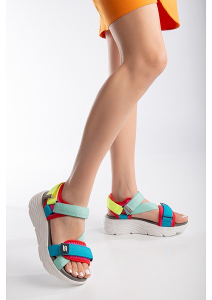 Kadın Dolgu Topuk Cırtlı Günlük Spor Sandalet SS001-0178 Yeşil Mavi